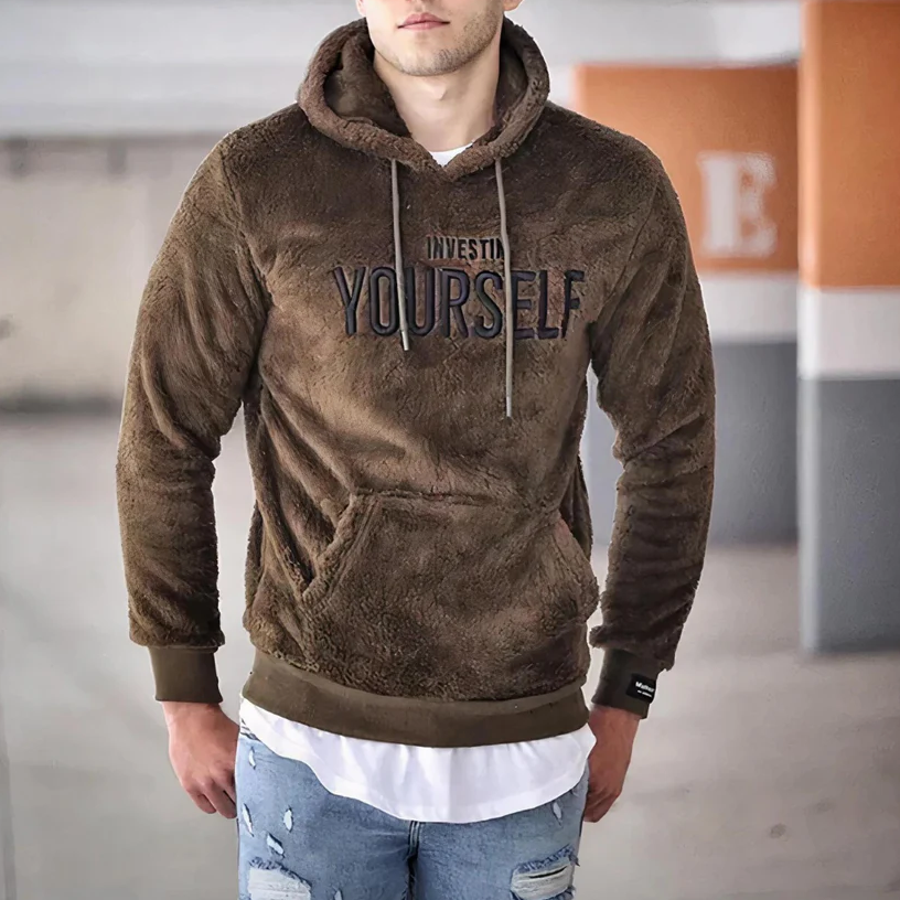 Pullover pile uomo con cappuccio – Maglione caldo e morbido per inverno