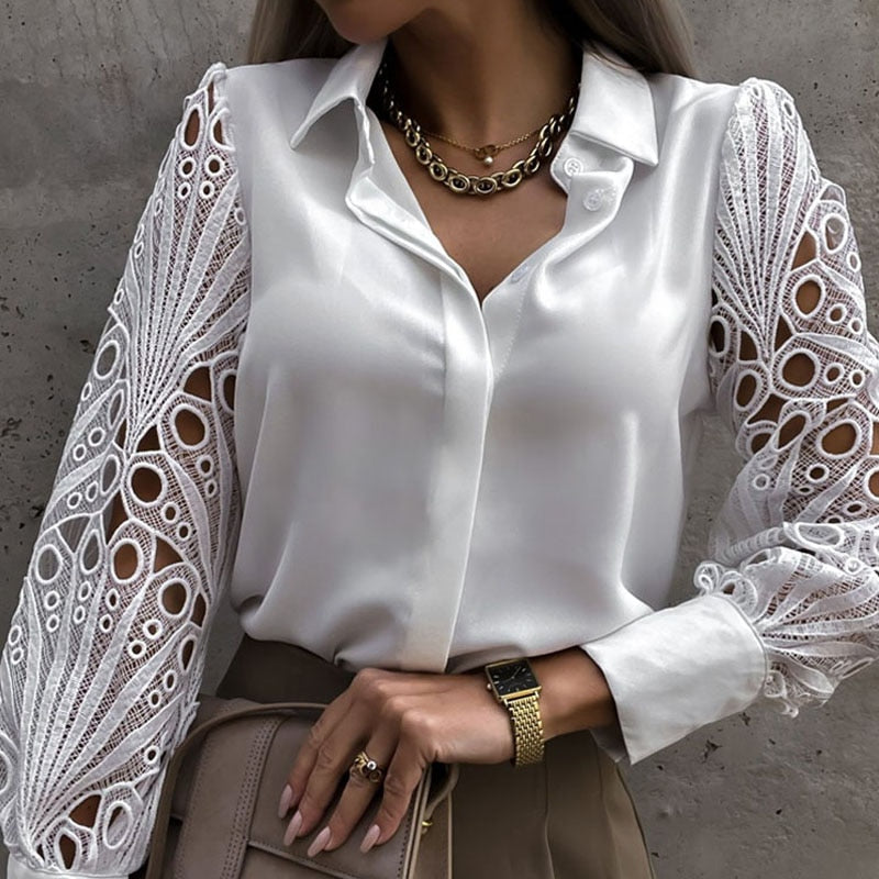 Blusa satinata donna – Top elegante con maniche in pizzo per occasioni speciali