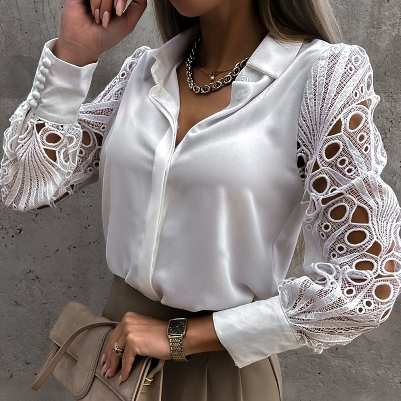 Blusa satinata donna – Top elegante con maniche in pizzo per occasioni speciali