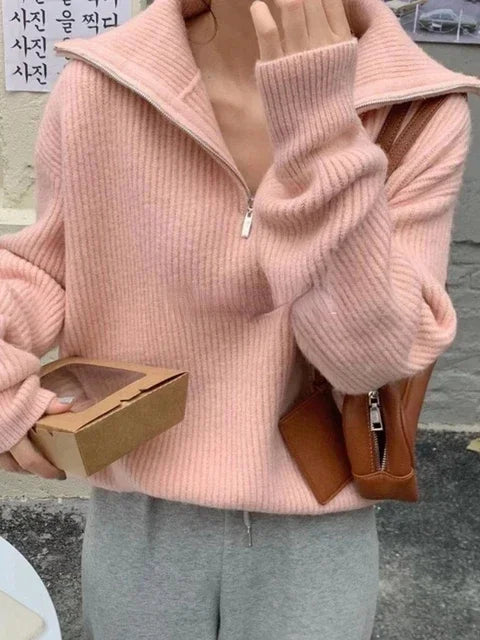 Maglione donna caldo con zip e colletto alto – Maglione elegante invernale per donna