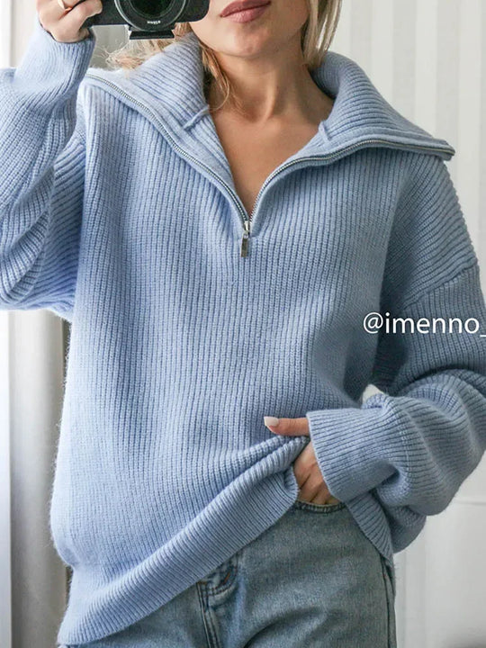 Maglione donna caldo con zip e colletto alto – Maglione elegante invernale per donna